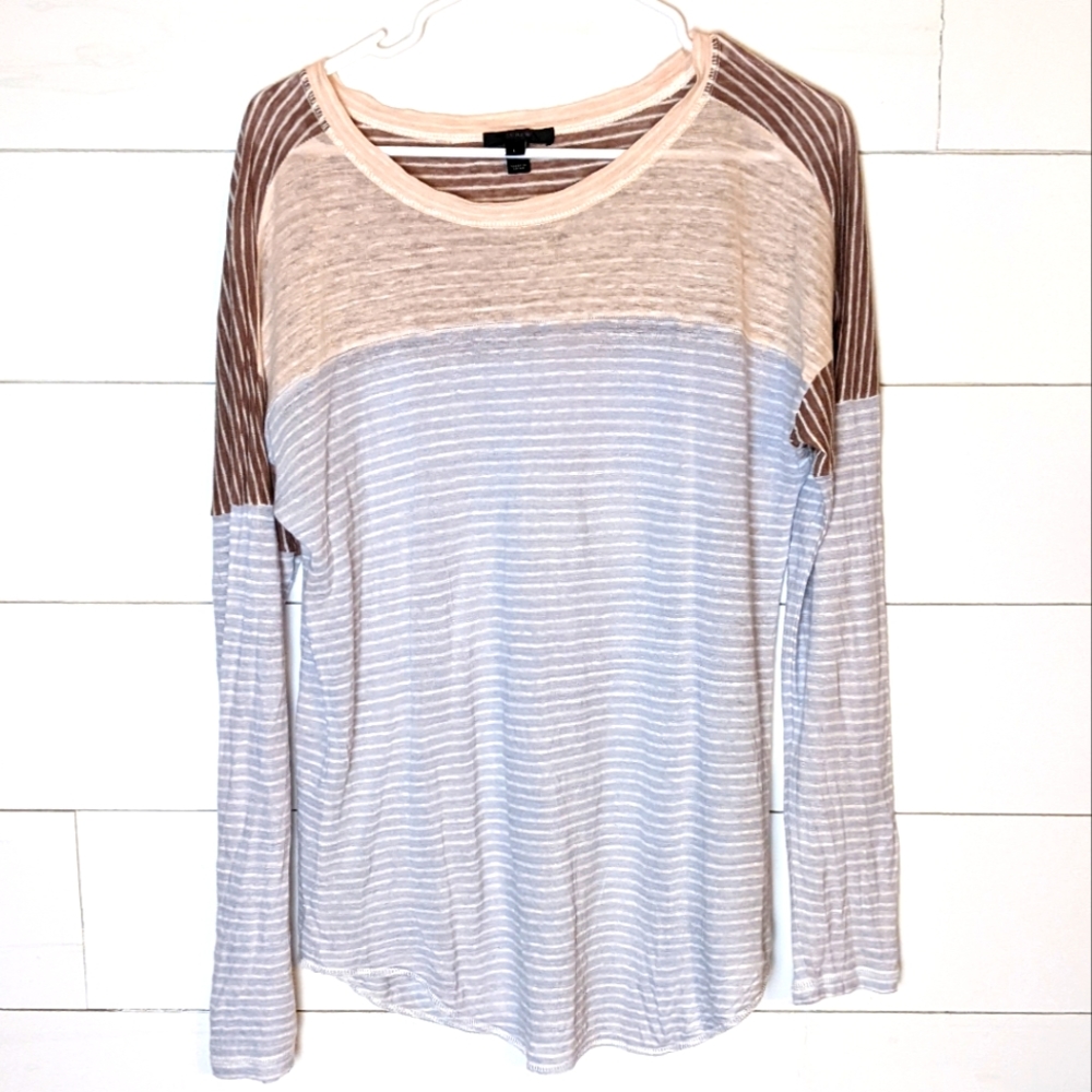J. Crew 100% Linen Stripe Colorblock Neutral Long Sleeve Lightweight Top